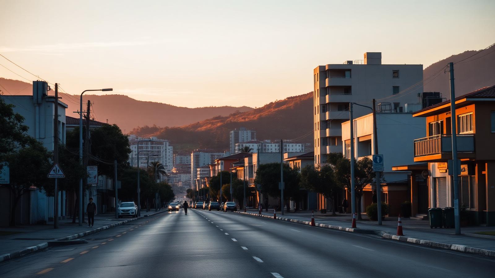 Rua de uma cidade brasileira ao entardecer, com relevo de morros ao fundo.
