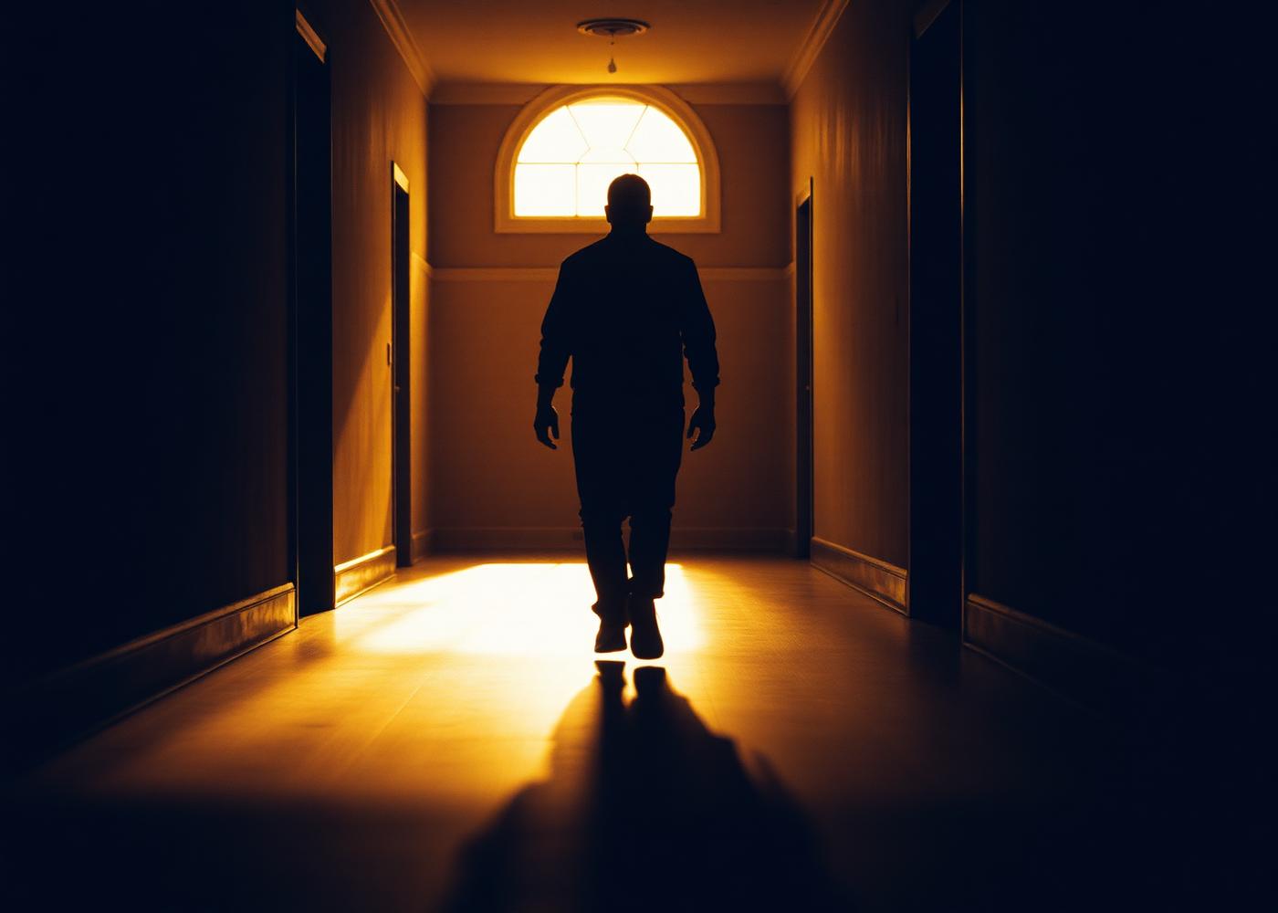 Silhueta de um homem caminhando em um corredor iluminado, sensação de movimento.