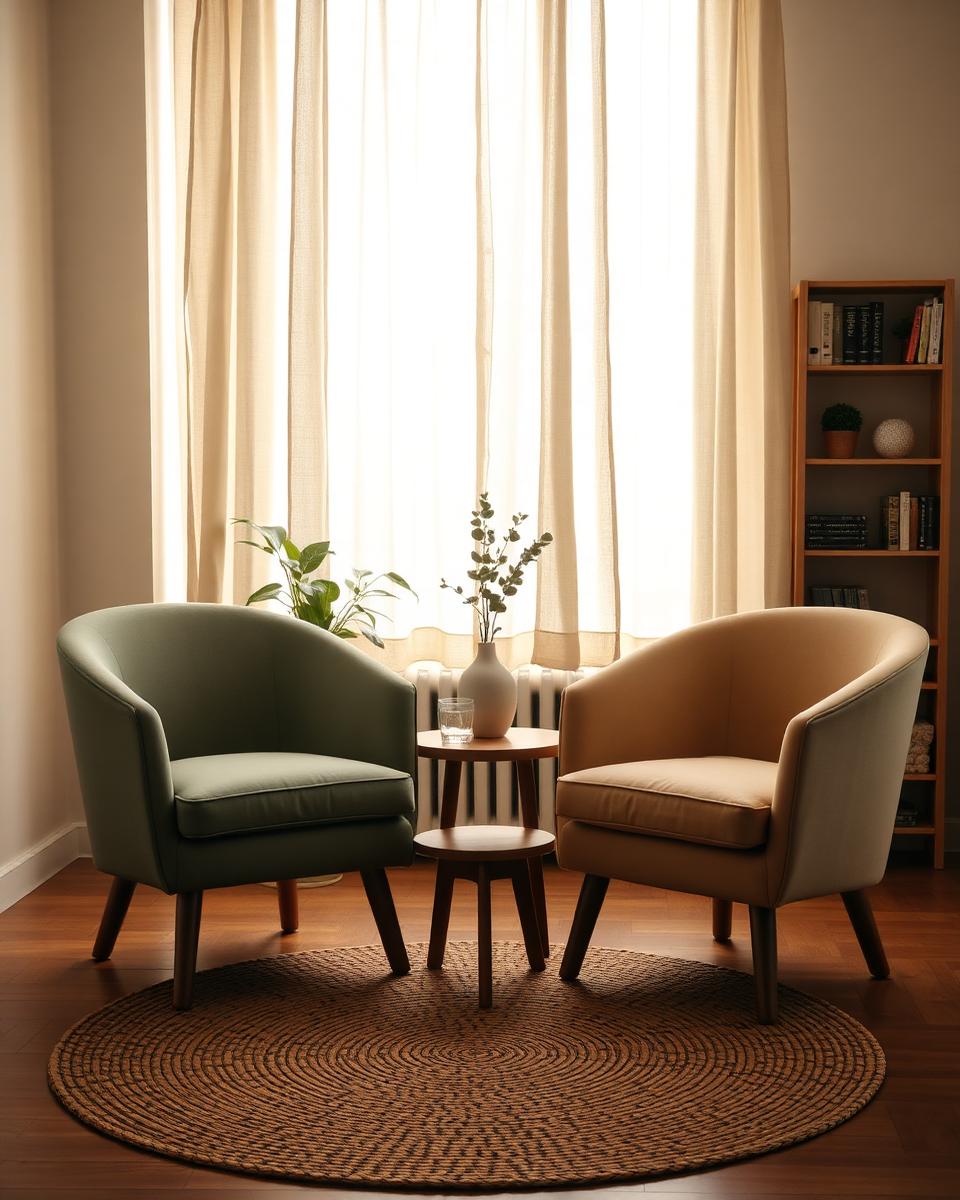 Sala de atendimento psicológico com duas poltronas individuais frente a frente, mesa lateral com vaso de eucalipto, luz natural em cortinas de linho e estante de livros ao fundo.