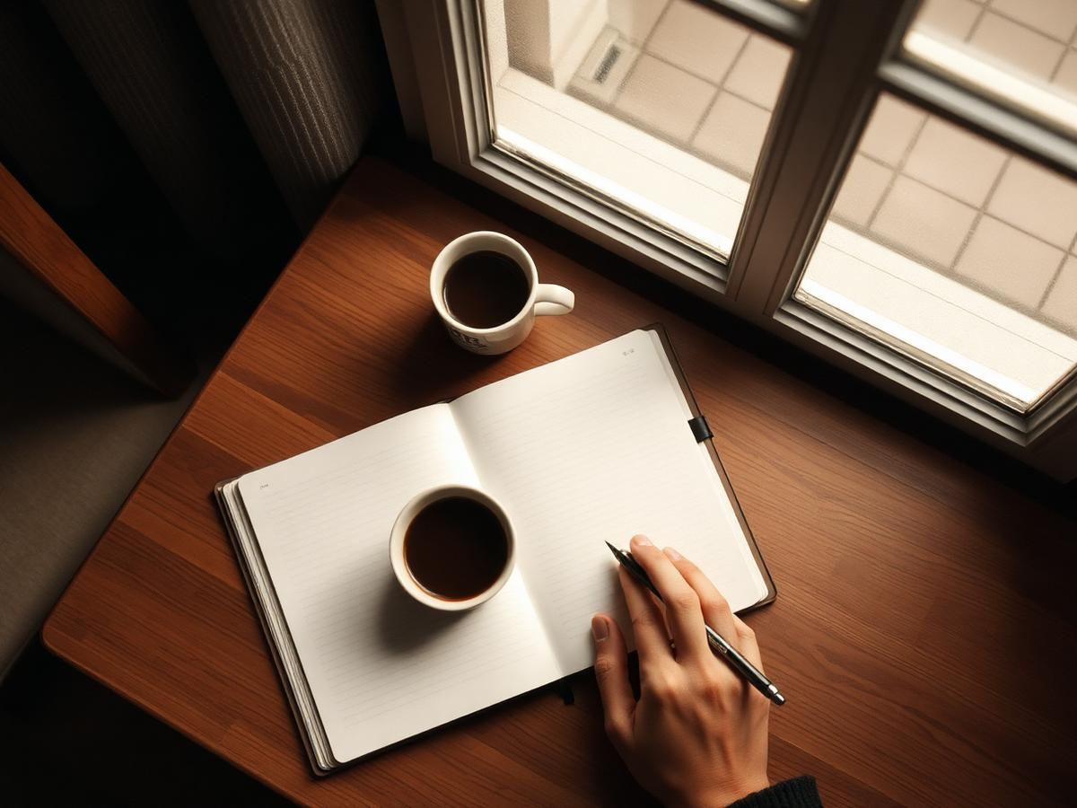 Caderno aberto e xícara de café perto de uma janela, em luz da manhã.